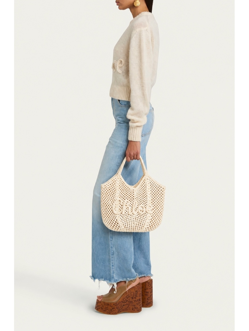 Crochet Woven Mesh Tote Bag Boho Shoulder Bag • Chloe Front